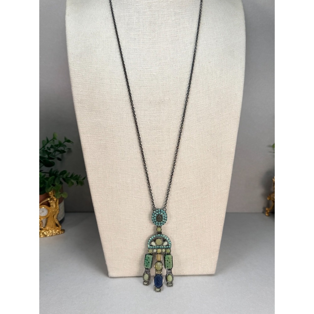 CAbi Long Pendant Necklace Gunmetal Asian Revival Chinoiserie Rhinestone Multi